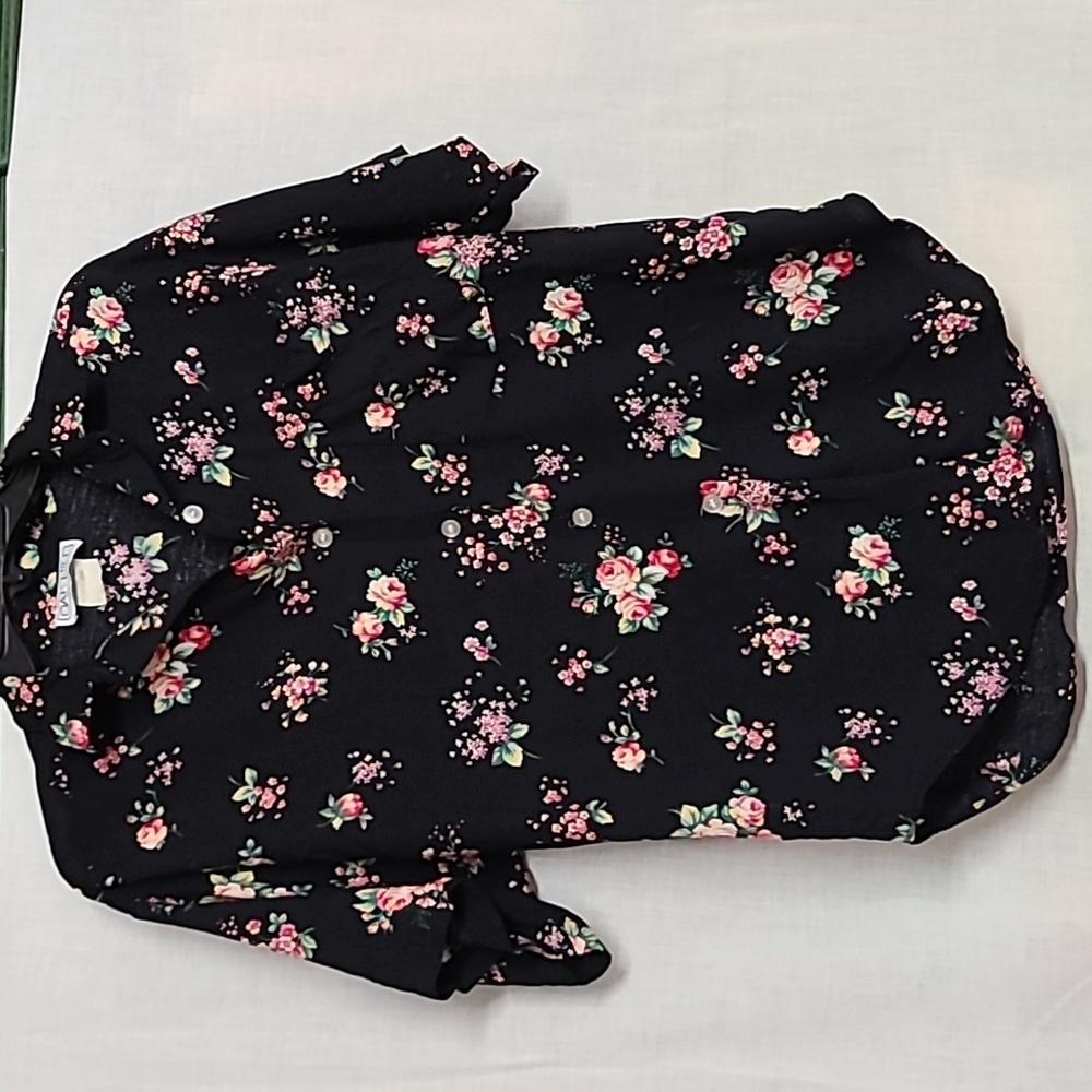 Vintage Black Rose Floral Print Button Down Short Sleeve Shirt  Sz 12